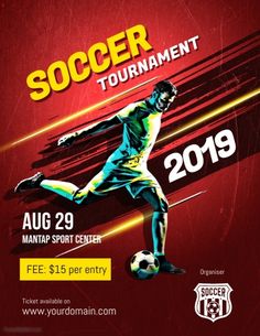 a soccer tournament flyer with a man kicking a ball