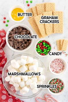 the ingredients to make s'mores are shown in bowls