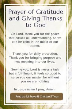 a prayer card with the words, prayer of gratitude and giving thanks to god