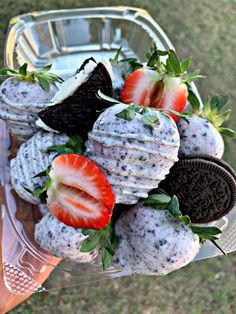 a person holding a container filled with cookies and strawberries