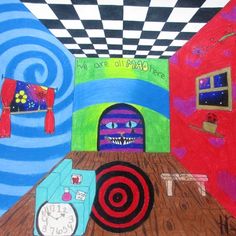 a drawing of a room with a clock on the wall and other items around it