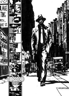 a black and white drawing of a man walking down the street