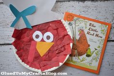 a paper plate with a turkey on it and a book about the little red hen