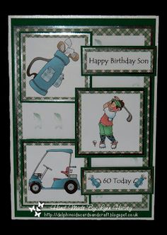 a birthday card with an image of a golf player and his equipment on the front