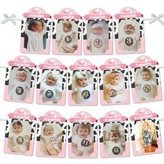 a bunch of baby pictures hanging from clothes pins