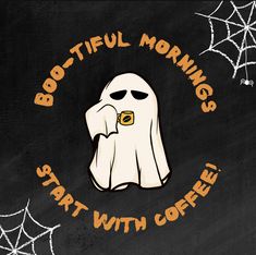 a black and white sign with a ghost holding a coffee cup in front of it