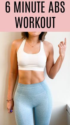 a woman with her hands in the air and text that reads, 6 minute abs workout