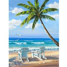 a painting of two chairs on the beach with a palm tree in the foreground