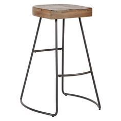 the backless bar stool is made from metal and wood, with a wooden seat