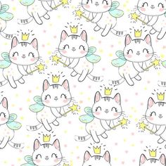 many cats with crowns and stars on them are depicted in this seamless wallpaper