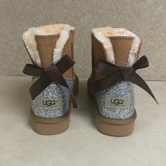 Kid’s Tan Ugg Fur Boots With Glitter And Bow On The Back Ugg Fur Boots, Kids Uggs, Fur Boots, Ugg Shoes, Tan Brown, Kid Shoes, Kids Shoes, The Back, Shoe Boots