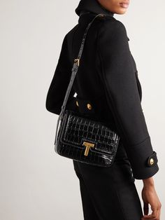 Showcasing its endless versatility, TOM FORD's shoulder bag was styled with a range of looks on label's Fall '24 runway. It's crafted from glossed croc-effect leather and accented with signature 'T' hardware at the front flap. Inside, there's enough space for your phone, cardholder and lipstick. Layering A Dress, Winter Shoe Trends, Black Tie Dress Code, Embellished Party Dress, Winter Bag, Boho Chic Bags, Tom Ford Bag, Winter Wedding Guest Dress, Best Designer Dresses