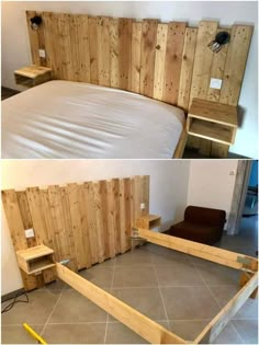 the bed frame is made out of pallet wood