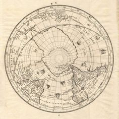 an old map shows the earth's north pole and its major meridians, as well as other points of interest