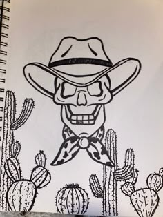 a drawing of a man wearing a hat and bow tie in front of cacti