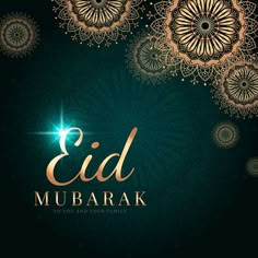 the eid mubarak greeting card with intricate gold and green decorations on a black background