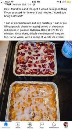 two baking pans filled with food sitting on top of a stove next to each other