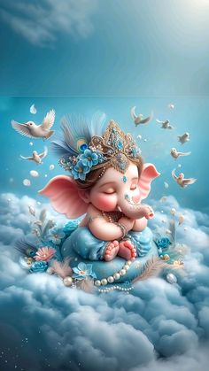 an elephant sitting on top of a cloud covered ground with birds flying around it and wearing a tiara