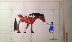 a drawing of a horse being held by a man in blue and white clothing with writing on it