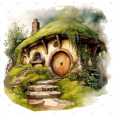 a watercolor painting of a hobbot house with steps leading up to it