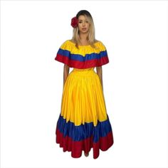 #ad Top Rated Colombian Traditional Dress Flag Style - Wide, Fashion Women's Dresses Dancing Dress, Traditional Dance, Yellow Blouse, Dress Yellow, American Beauty, Traditional Dress, Blouse Length, I Care, Dance Dresses