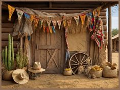 an old western scene with cactus, cacti and other items in front of the door