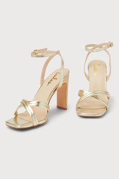 Your Saturday night 'fit just got a little more glamorous thanks to a wow-worthy look like the Lulus Milanii Gold Square Toe Ankle Strap High Heel Sandals! Make a statement wherever you go with these shiny faux leather heels that feature a single sole silhouette, a square toe bed, and crisscrossing toe straps. Matching straps sprout from the sides to wrap and secure around the ankle with a shiny gold buckle. A flirty blade heel lends a trendy finishing touch! 4" wrapped blade heel. Lightly cushi Hoco Heels, Gold High Heel Sandals, Hoco Inspo, Samba Shoes, Formal Heels, Gold High Heels, Preppy Shoes, Prom Accessories, Ankle Strap High Heels