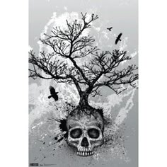 a black and white drawing of a tree with a skull in the middle, birds flying around