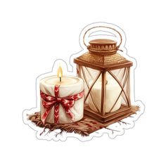 a candle with a bow on it next to a sticker