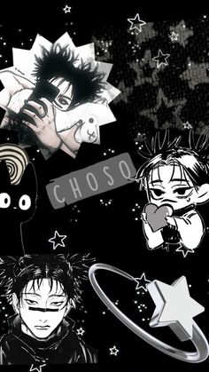 an image of some anime characters in black and white with stars on the back ground