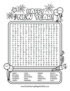 the new year word search is shown in black and white