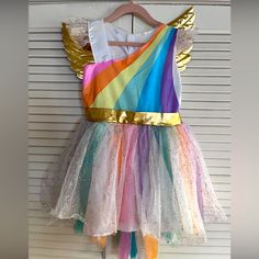 Sweet Little Costume In Great Gently-Used Condition! Lined, Easy On And Off With Velcro Closureback Of Dress Tulle Hangs Lower Then The Front Removable Golden Wings (Some Rubbing) Unused (Still In Bag) Golden Horn Headband Included Golden Horn, Horn Headband, Golden Wings, Unicorn Dress, Dress Tulle, Girl Rainbow, Dress Costume, Rainbow Unicorn, Costume Dress