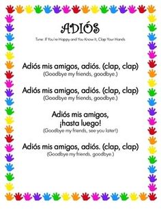 an image of the words in spanish and english with colorful handprints on it