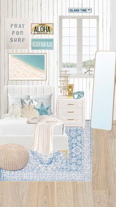 a bedroom with white walls and blue accents