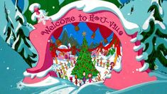 the welcome sign to whovilleia in front of a christmas tree