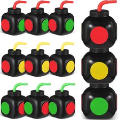 a set of traffic lights with different shapes and colors on each one, including red, yellow, green, and black