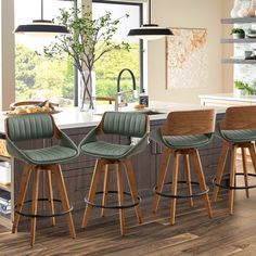 Elevate your bar area with these modern swivel bar stools(set of 4). These stools feature sturdy solid wood and bamboo frames and faux leather upholstery, creating a stylish, sophisticated look. The curved backrest uses a complex manufacturing process to retain the clear grain of wood. The tufted design of the backrest and seat cushion ensures comfort and durability. In addition, these barstools allow users to comfortably place their feet. These swivel bar stools can be used with any style of f… Modern Swivel Bar Stools, Bamboo Frames, Bar Stools Kitchen, Stools Kitchen, Bar Stools Kitchen Island, Tufted Design, Counter Bar, Bamboo Frame, Counter Bar Stools