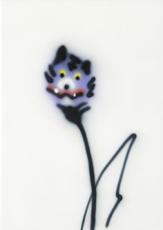 a black and white drawing of a flower with yellow eyes on it's face