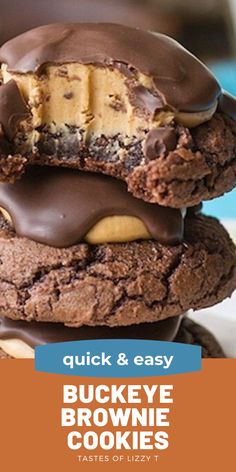 three cookies stacked on top of each other with chocolate and peanut butter in the middle