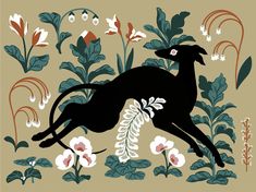 a painting of a dog running through flowers and plants in brown background with white, red, orange, and green leaves