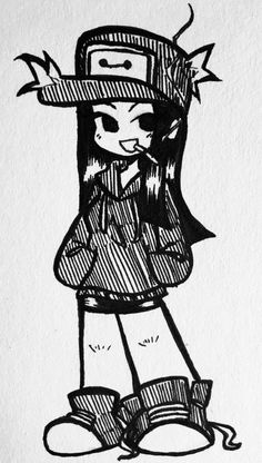 a black and white drawing of a girl wearing a hat with her hands in her pockets