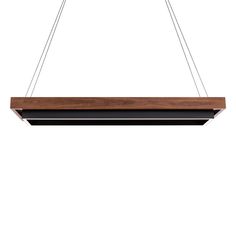 a wooden and metal suspended light fixture on a white background, with the lights hanging down