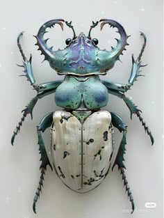 a blue and white bug with long antennae on it's back legs, sitting in front of a white background