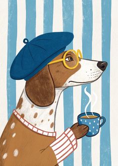 a painting of a dog with glasses and a hat holding a coffee cup