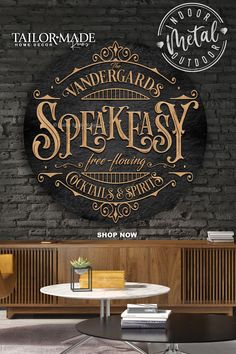 Speakeasy Bar Sign on a round metal stone surface with the words {family name} Speakeasy free flowing Cocktails and Spirits Personalized Speakeasy Sign, Speakeasy Basement Ideas, Bar Decor Ideas, Speakeasy Room Ideas, Shop Bar Ideas, Speakeasy Decor Bar, White Rustic Decor, Porch Bar, Speakeasy Decor