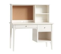 a white desk with an open bookcase on it's top and bottom shelf