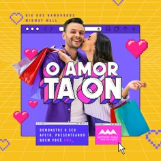 a man and woman are kissing in front of a screen with the words o amo taon on it