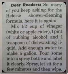 an old newspaper article with the words dear readers so many of you keep asking for the heliose shower - cleaning formula