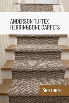 herringbone style carpet runners Tuftex Carpet Stairs, Herringbone Carpet Runner, Anderson Tuftex Carpet Stairs, Modern Farmhouse Carpet Stairs, Hall Stairs And Landing Carpet Ideas, Herringbone Runner Stairs, Anderson Tuftex Stair Runner, Anderson Tuftex Carpet, Herringbone Carpet Stairs