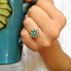 Nia Turquoise Stone Flower Bohemian Ring | Moon & Milk Bohemian Sterling Silver Flower Ring, Bohemian Silver Flower Jewelry, Lotus Flower Jewelry, Moon Milk, Boho Turquoise, Silver Turquoise Ring, Silver Flower Ring, Emerald Earrings Studs, Rose Gold Morganite